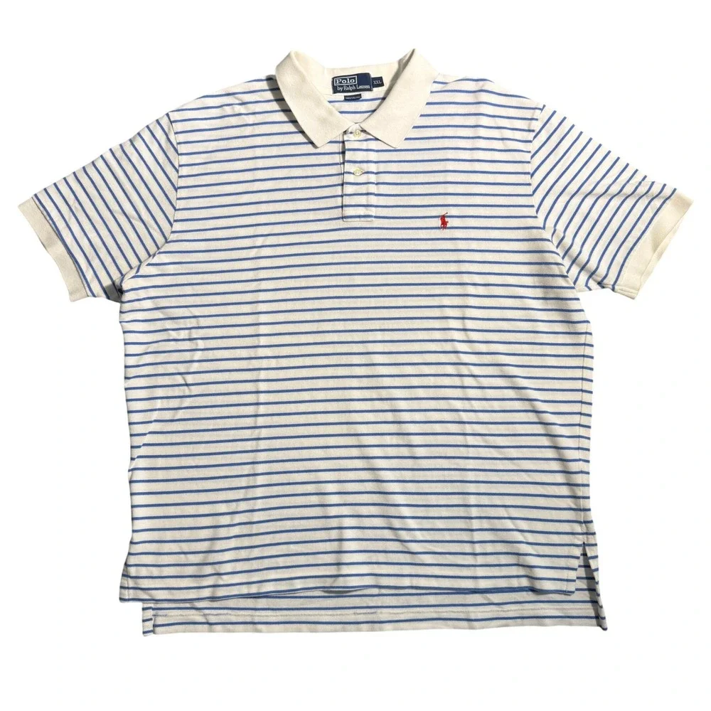 Polo Ralph Lauren Mens XXL Blue White Striped Short Sleeve Cotton Polo Shirt